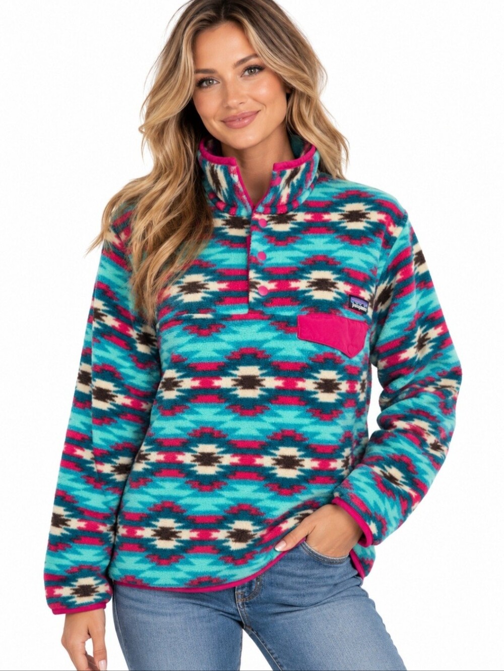 Patagonia Synchilla Snap-T Fleece Woman Large Aztec Geometric Turquoise Pink
